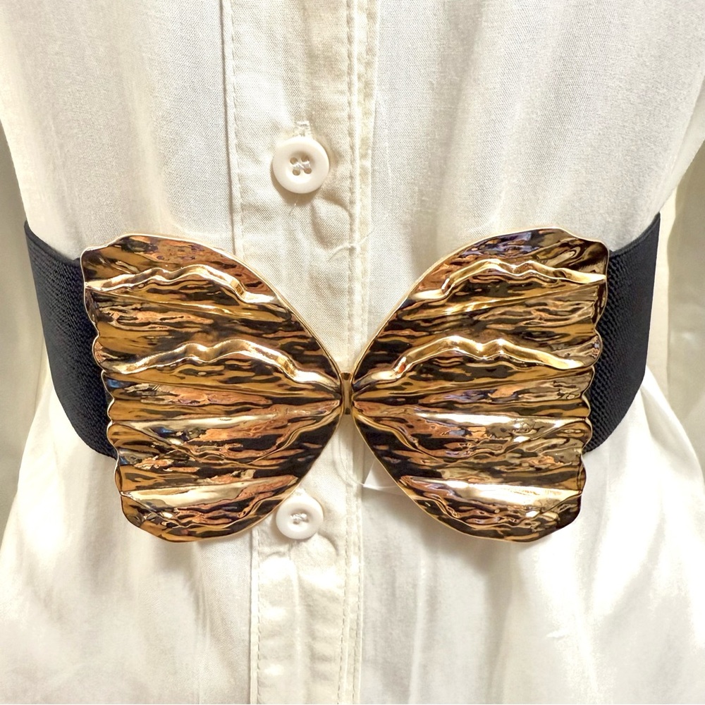Black elastic waistband belt with gold tone butterfly buckle